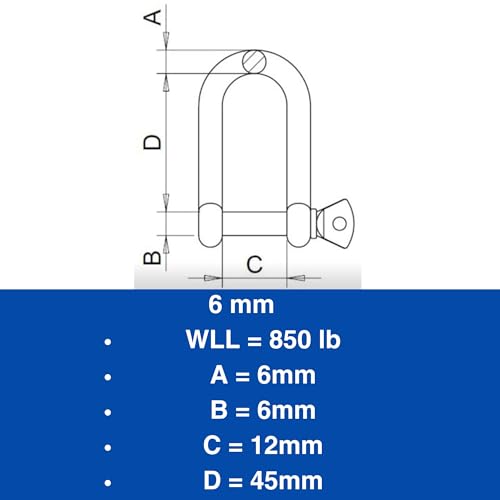 MarineNow 6mm Stainless Steel Long D-Shackle 2-Pack Heavy Duty Marine Grade Towing & Rigging