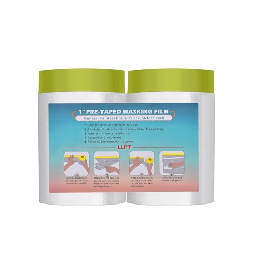 LLPT Tape and Drape 25.6¡±(Unfolded) x 66 Ft Each 2 Pack Pre-Taped Masking Film 0.31 Mil Painters Plastic Drop Cloth for Auto Wall Furniture Painting Protection (MFTG620)