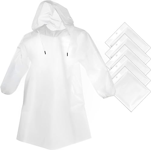 Disposable Rain Ponchos for Adults - Clear Family Pack (5 Count)