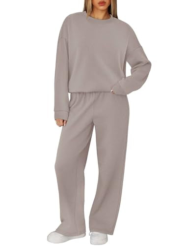 XIEERDUO Women's 2-Piece Lounge Sweatsuit Set - Fall 2025 Casual Outfit, Crewneck Tracksuit, Coffegrey Pink, Small