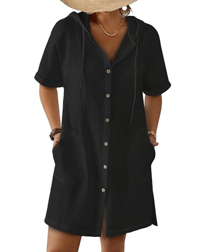 Bsubseach Women's Hooded Beach Cover Up Shirt Dress with Pockets - Large, Black