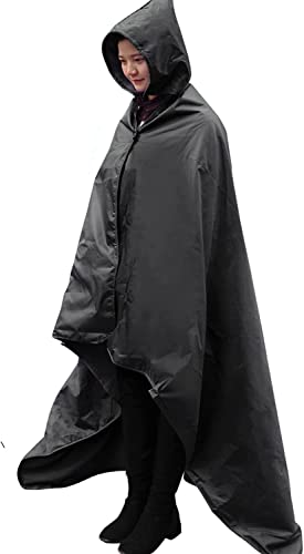 DUKUSEEK Black Waterproof Hooded Stadium Blanket - Large Outdoor Wearable Fleece for Camping Beach Sports