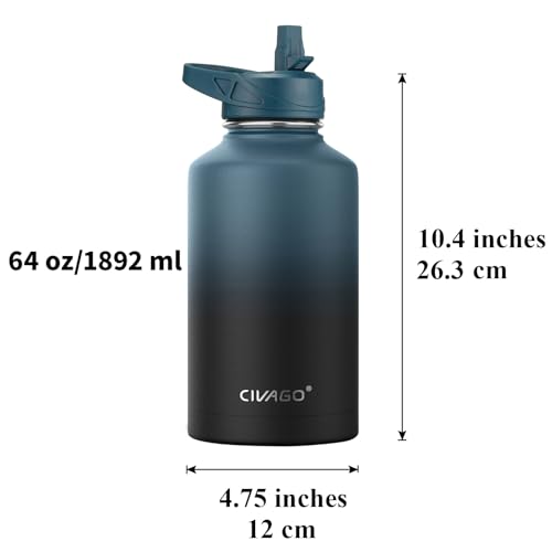 CIVAGO Indigo Black 64 oz Insulated Stainless Steel Water Bottle with Straw & 3 Lids
