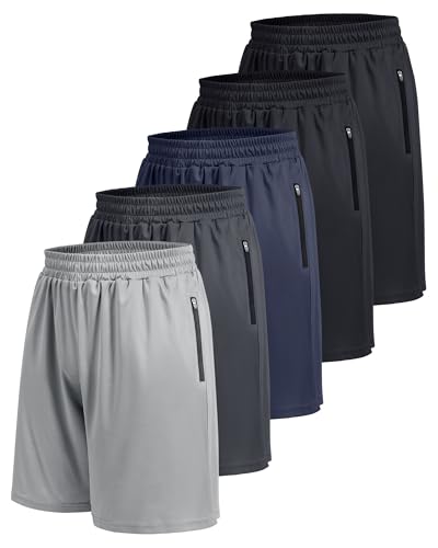 5 Pack Men's Athletic Gym Shorts with Zipper Pockets – Boojo, Large, Black/Gray/Navy (Variation: 1-black/Black/Dark Grey/Navy Blue/Light Grey)