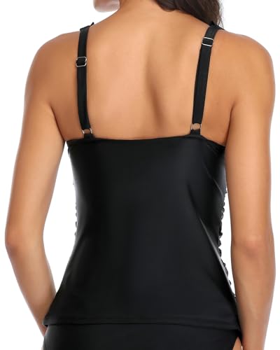 Yonique Women's Large Black Ruffle V Neck Tankini Top with Tummy Control - Swimsuit Bikini Top