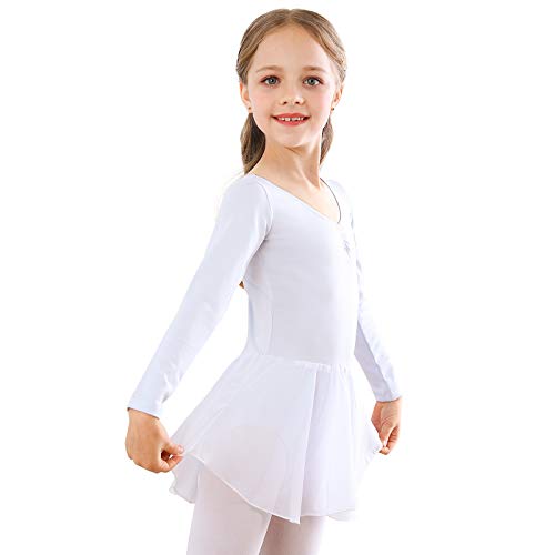 Girls' Ballet Dance Leotard with Skirt - White Long Sleeve, 10-11 Years