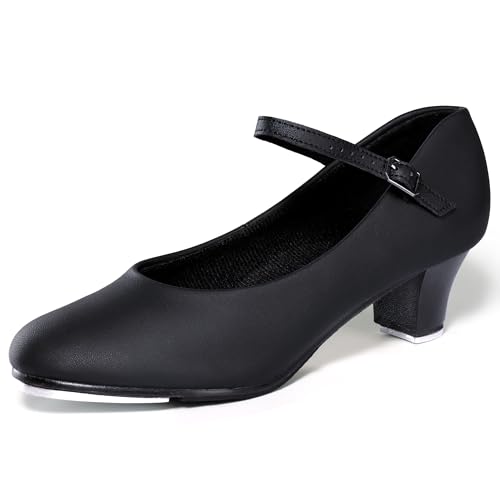 Linodes PU Leather Ankle Strap Character Tap Shoes 1.55'' for Women - Black, Size 6