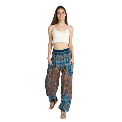 Tranquil Threads High-Waisted Boho Yoga Pants for Women - Bluish, Medium