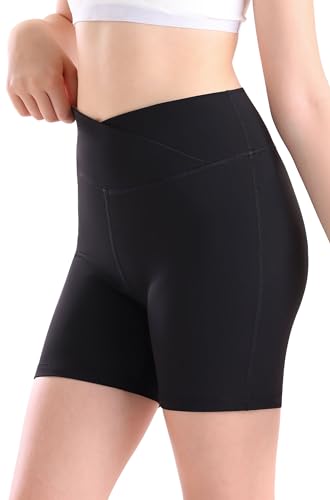 High Waisted Girls' Cross Waist Biker Shorts - Medium, Black