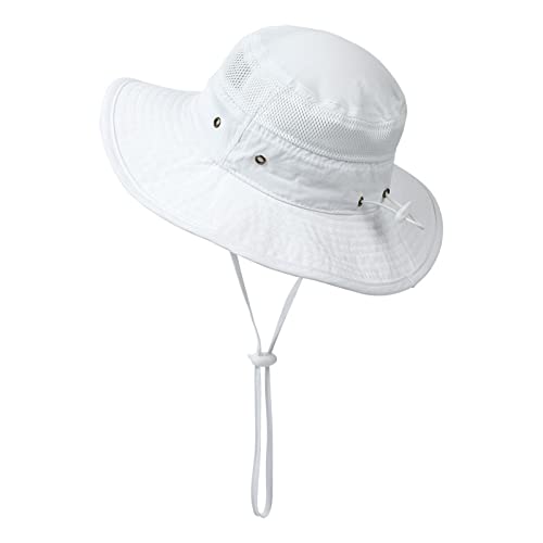 Kid's Wide Brim Sun Hat UPF 50+ Adjustable Bucket Hat - White, 12-24 Months