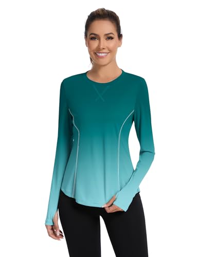 Avoogue Women's UPF 80+ UV Long Sleeve Workout Shirt with Thumb Holes Blue Green Gradient XL