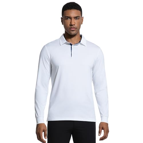 Men's Long Sleeve Polo Shirt - White, X-Large, Dry Fit Performance Golf Polo