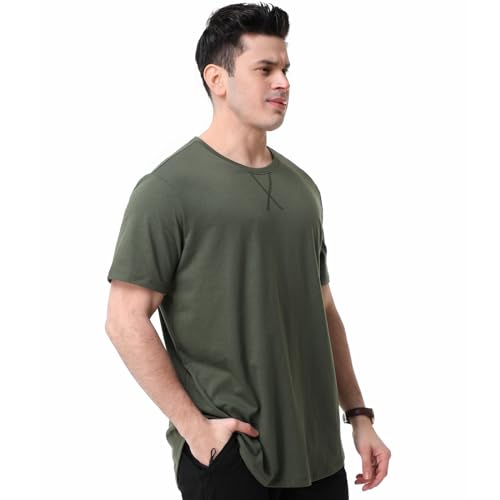 Men's Longline Crewneck T-Shirt - Casual Hipster Hip Hop Style, Short Sleeve, Medium, Black Gray Green