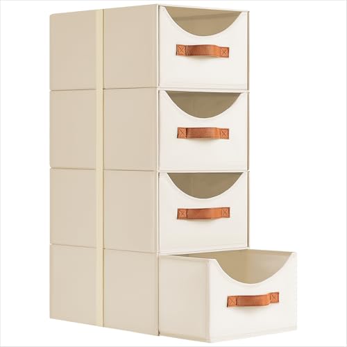 Stackable Storage Drawers - Collapsible Storage Bins with Drawers, 4 Pack Closet Shelf Organizer Basket, Fabric Pull Out Organizer for Bedroom, Living Room, Dorm, Beige