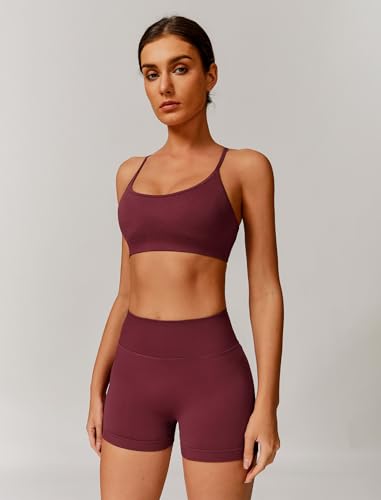 ABOCIW Women's Seamless Workout Sets Backless Sports Bra Scrunch Butt High Waist Gym Shorts 2 Piece Outfit - Wide Red / Small
