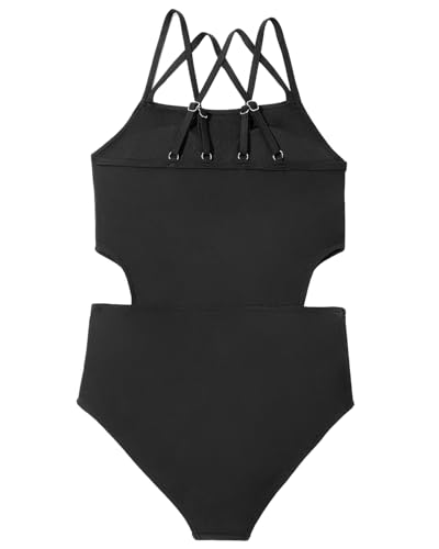 One Piece Swimsuit for Teens - Cut Out Crossback - Black, 12-13 Years