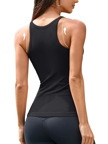 Ribbed Workout Tank Top with Built-in Bra - Medium, Black