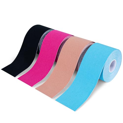 Waterproof Kinesiology Tape - 4 Rolls for Muscle Pain Relief - Black, Skin, Pink, Light Blue