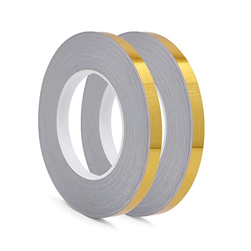 2 Rolls 0.4 Inch x 164 Ft Metalized Polyester Mylar Film Tape, Graphic Art Tape Mirror Tape, Foil Line Adhesive Tape for Wall, Floor, Tile, Gifts Wrapping (Gold)