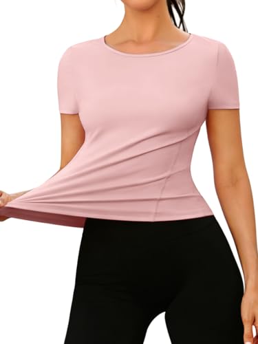 Fitted Gym Yoga Shirt for Women - Light Pink - Short Sleeve