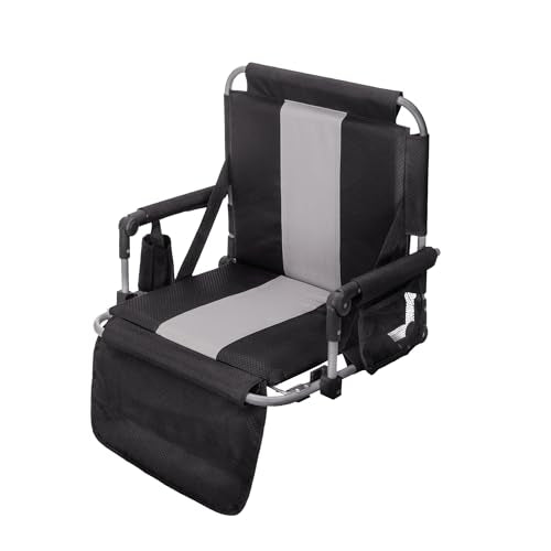 Portable Stadium Seat with Back Support & Cup Holder - Black Grey