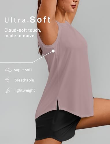 PINSPARK Women's Workout Tank Top UPF 50+ with Side Slits - Large, Warm Ash Grey