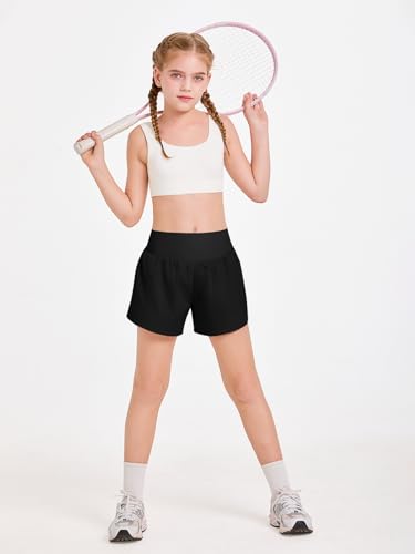 Girls High Waisted 2 in 1 Athletic Shorts with Pockets - Black, 11-12 Years