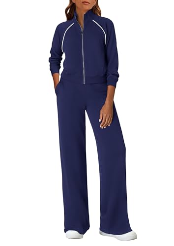 PRETTYGARDEN Women's 2-Piece Navy Blue Lounge Sweatsuit Set - Large