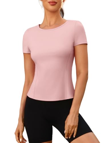 Fitted Gym Yoga Shirt for Women - Light Pink - Short Sleeve