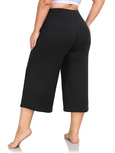 ZERDOCEAN Women's Plus Size High Waist Wide Leg Yoga Capris with Pockets - Black 3X