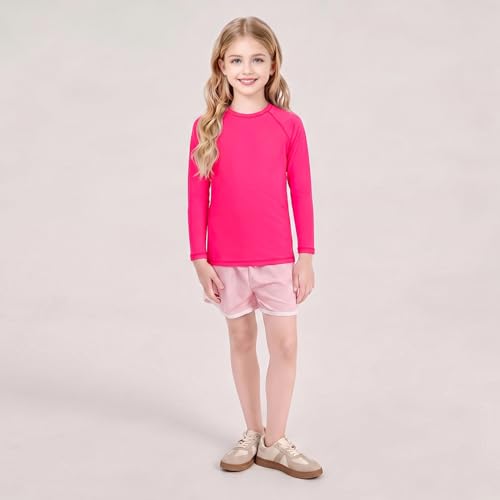 UPF 50+ Kids Long Sleeve Rash Guard Swim Shirt - Hot Pink, Age 5-6