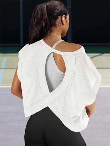 Open Back Workout Top for Women - Oversized Short Sleeve Crop Tee