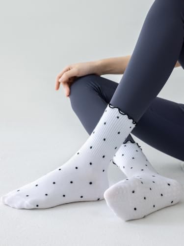 Grippy Pilates Socks for Women - Polka Dot White Ruffle Design