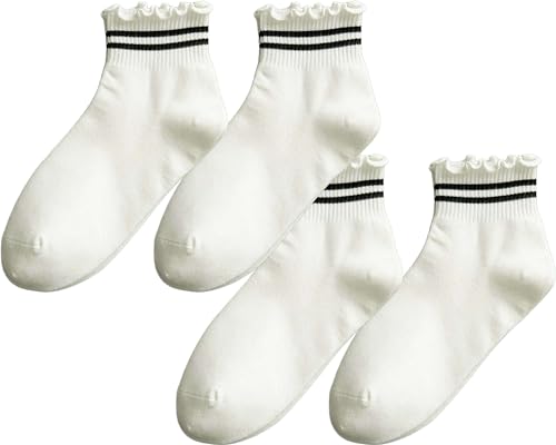 CHUNFO White Stripe Ribbed Frilly Socks 4Pack Women's Crew Socks US 5-9, One Size