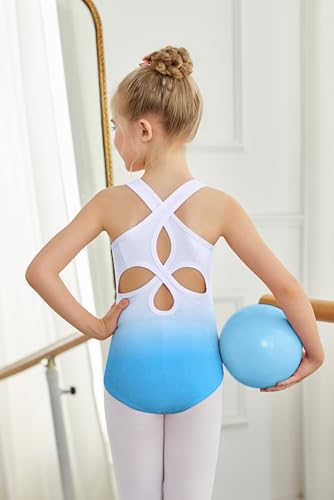 Girls Ballet Dance Leotard Bodysuit - White Blue, 6-7 Years