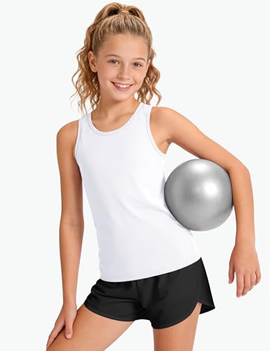 Girls Tank Tops - UPF 50+ Quick Dry Athletic Racerback - 7-8 Years White