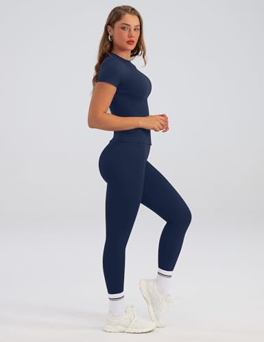 Relety Women's 2-Piece Workout Sets Navy X-Large - Short Sleeve Top & High Waist Leggings