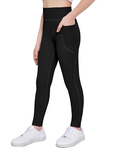 Arshiner Girls High Waist Yoga Leggings with Pockets - Black, Ages 13-14