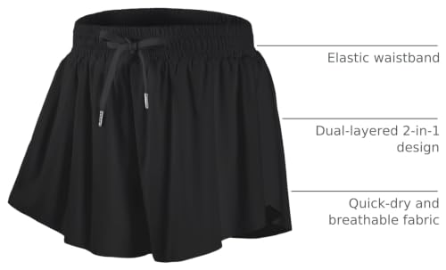 Girls Butterfly Shorts with Pocket - 2-in-1 Flowy Skorts for 10-11Y Black