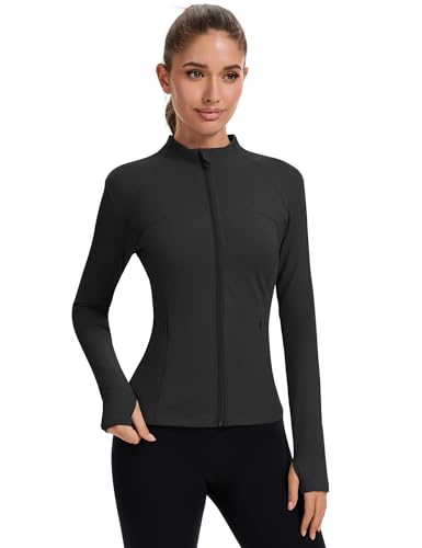 Slim Fit Women's Full Zip Workout Jacket with Thumb Holes - Black, Medium