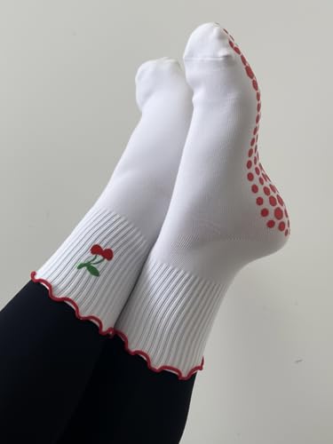 Non-Slip Ruffle Pilates Socks for Women - Red Cherry