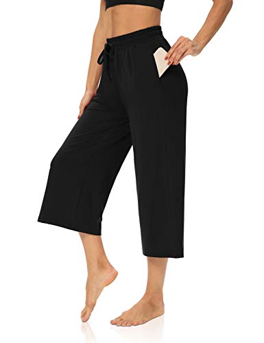 DIBAOLONG Women's Large Black Capri Pants - Loose Yoga & Lounge Wide Leg Sweatpants with Pockets
