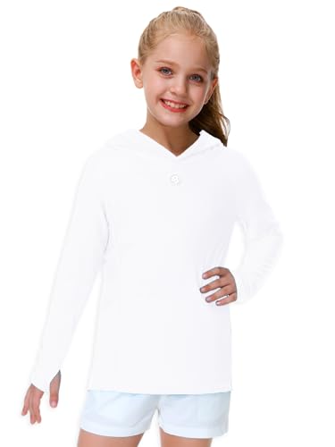 Kids Long Sleeve Hoodie Rash Guard UPF 50+ Swim Top - 13-14 Years/White