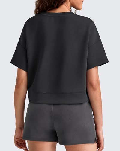 G4Free Smoofit Boxy T-Shirts for Women, Short Sleeve Crew Neck — Black, Medium