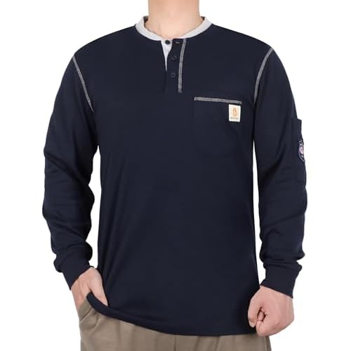 BOCOMAL FR Shirts for Men CAT2 5.5oz Long Sleeve Henley Workwear Flame Resistant Fire Retardant Shirt