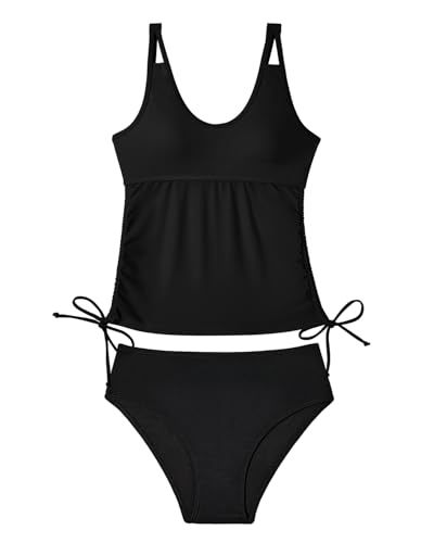Girls Tankini Swimsuit Set - UPF 50+ Floral Print - Ink Jet Black, 14-15 Years