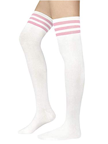 Thigh High Socks for Women - Casual Striped Knee High Stockings - One Size White Pink