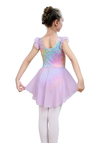 Ruffle Sleeve Tutu Leotard Dress for Girls - Leopard-Purple, 5-6 Years