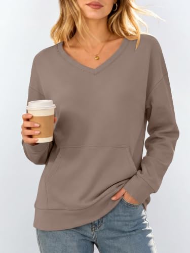 V-Neck Fleece Sweatshirt with Pockets - Large, Light Brown