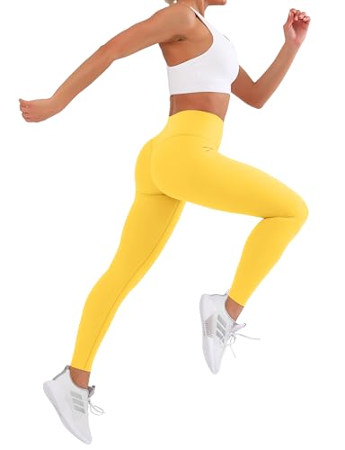 High Waisted Leggings with Pockets for Women - Full Length Yellow
